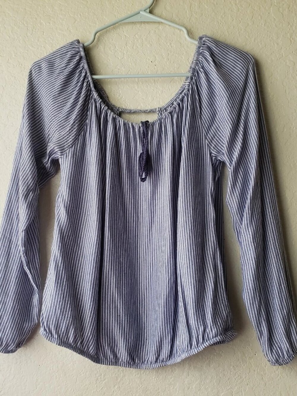 Hollister Peasant Blouse Top Long Sleeve Blue White Stripe Size M